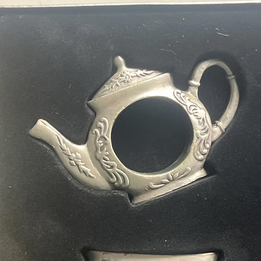 Set Of 4 Metalla Silver Tone Metal Pewter Tea Pot Tea Cup Napkin Rings With Box